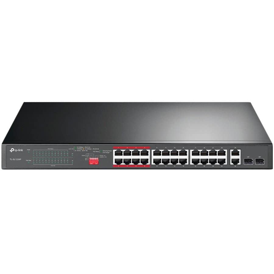 24-port 10/100Mbps Unmanaged PoE+ 2 combo RJ-45/SFP uplink ports