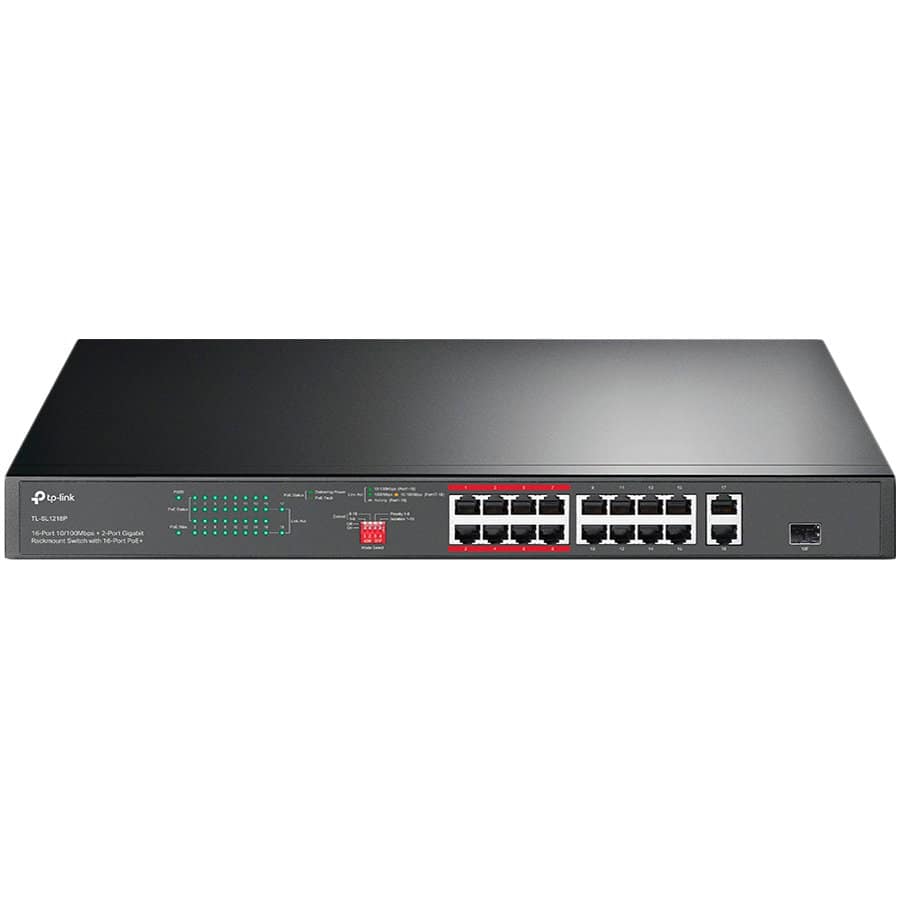 16-port 10/100Mbps + 2-port Gigabit unmanaged 16 PoE+ ports