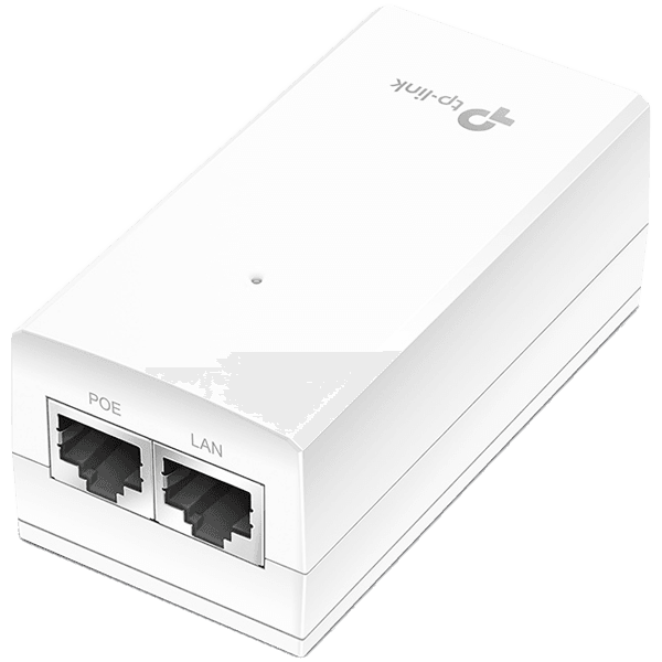 Omada 24V Passive PoE Injector Adapter PORT: 1× Gigabit PoE Port, 1× Gigabit Non-PoE Port SPEC: Data and Power Carried over The Same Cable, 24V Power Input, 12 W PoE Power, Plastic Case