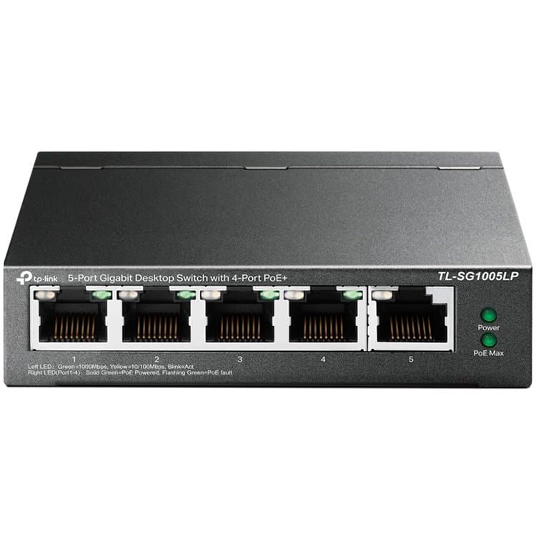 TP-Link TL-SG1005LP 5-Port Gigabit Unmanaged Switch with 4-Port PoE+, 802.3af/at PoE+, PoE budget 40W, 802.1p/DSCP QoS for Traffic Prioritization, Intelligent Power Management, IGMP Snooping, durable metal casing, desktop mount