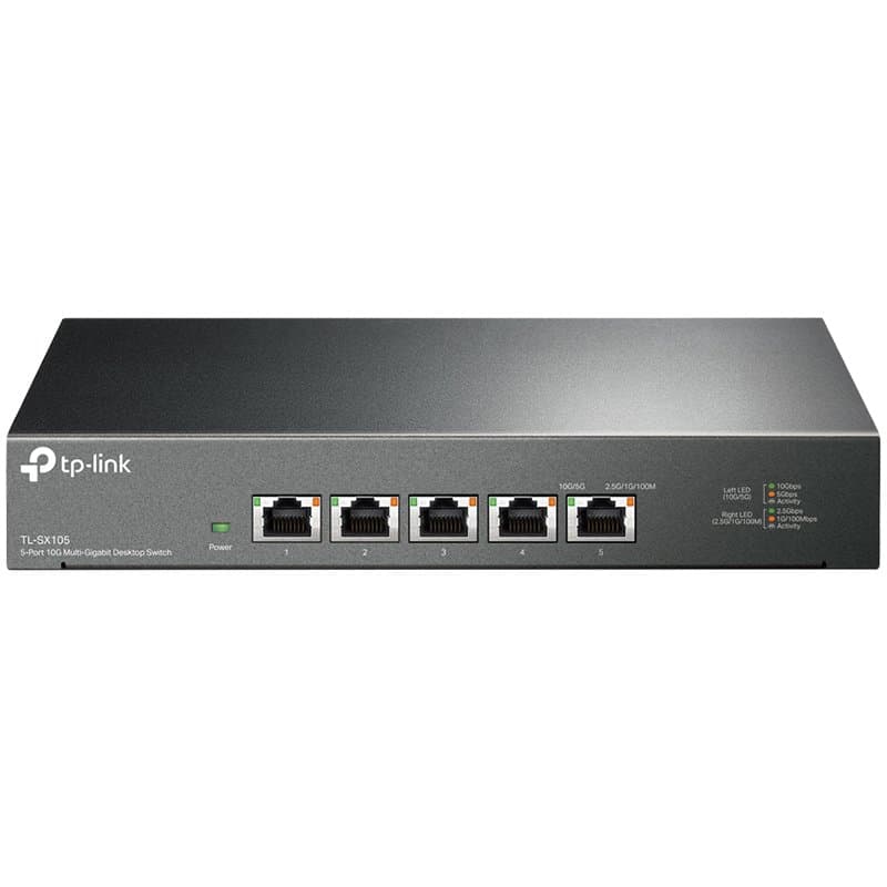 5-port Desktop 10G Unmanaged Switch, 5 100/1G/2.5G/5G/10G RJ-45 ports, Fanless design, 12V/2A DC power supply.