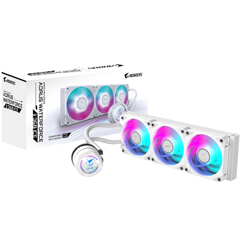 GIGABYTE AORUS WATERFORCE II COOLER 360 ICE, 115x, 1200, 1700, AMD AM4, AM5, RGB FUSION 2.0, 3x120mm Daisy Chain ARGB, White