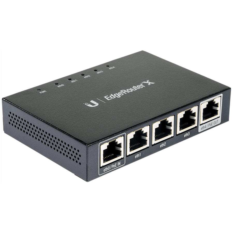 UBIQUITI EdgeRouter X; 1) GbE, 24V passive PoE RJ45 input; 3) GbE RJ45 ports; 1) GbE PoE passthrough output.
