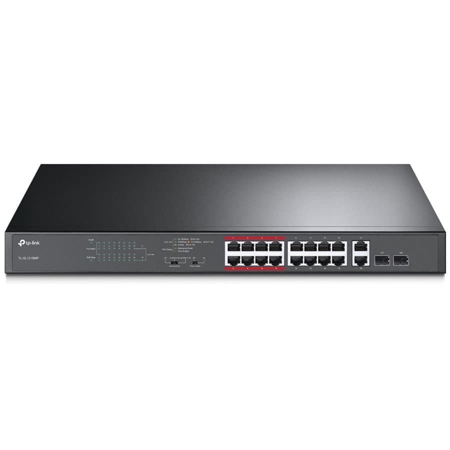 TP-Link TL-SL1218MP 16-Port 10/100 Mbps+2-Port Gigabit Rackmount Switch with 16-Port PoE+,30W for each PoE port,192W total power budget,Up to 250 m data and power transmission under Extend Mode specially designed for surveillance system,Priority Mode