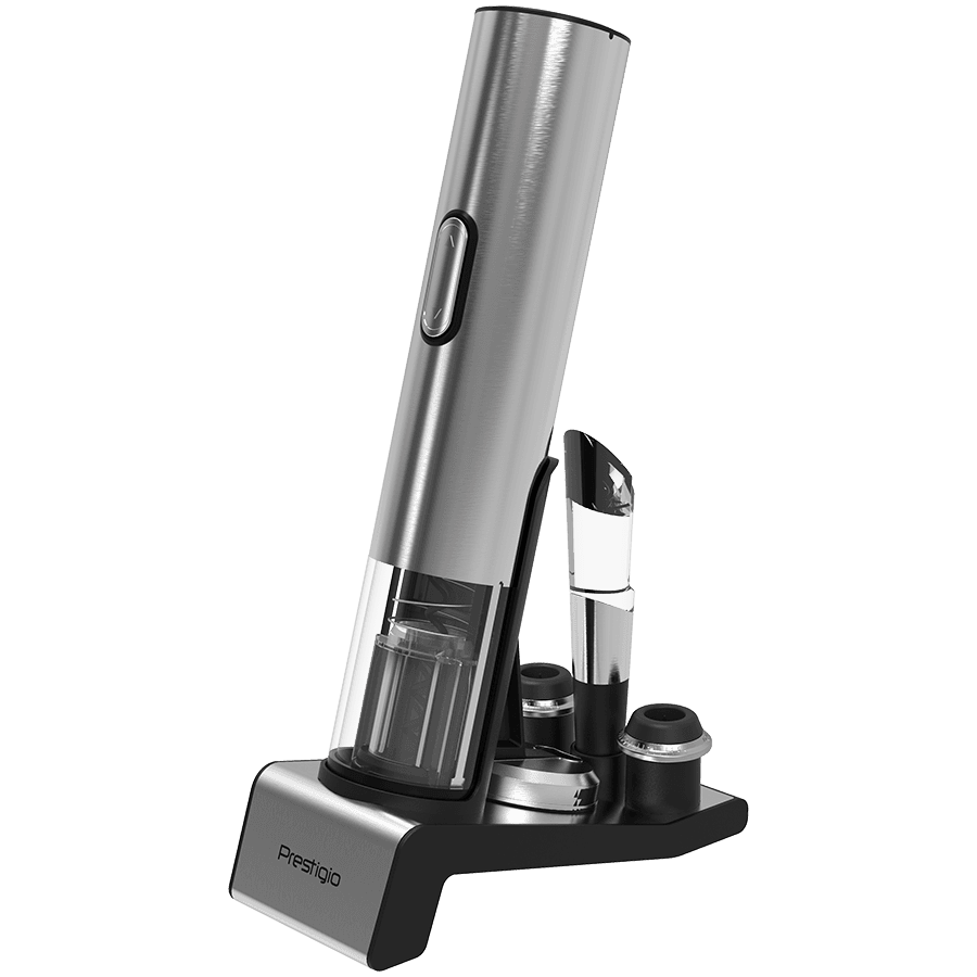 Prestigio Garda, smart wine opener, simple operation with 2 buttons, aerator, vacuum stopper preserver, foil cutter, opens up to 50 bottles wihout recharging, premium design, 500mAh battery, Dimensions D 17mm* H 290mm* W100 mm, silver color.