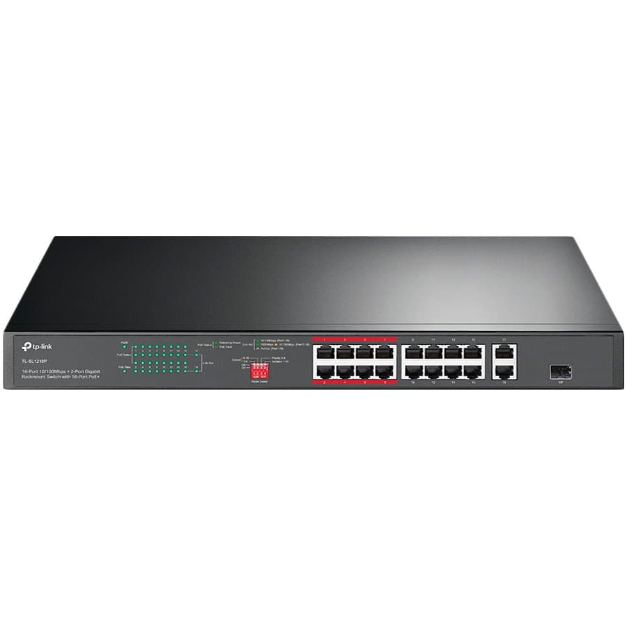 16-port 10/100Mbps + 2-port Gigabit unmanaged switch with 16 PoE+ ports, compliant with 802.3af/at PoE, 150W PoE budget,  support 250m Extend Mode, priority mode and Isolation mode, rackmount, plug and play.