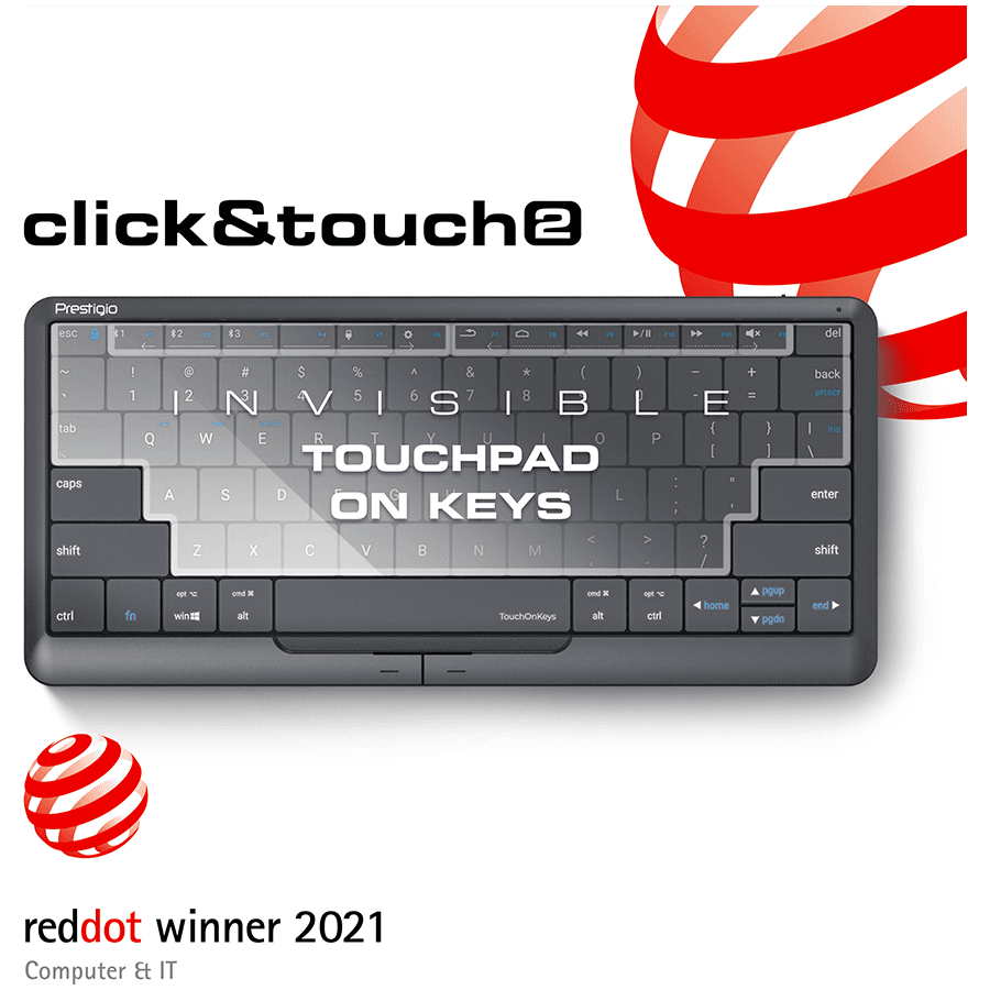 Prestigio Click&Touch 2, wireless multimedia smart keyboard with touchpad embedded into keys, auto-switch between keyboard and touchpad modes, touch multimedia sliders, left and right physical "mouse" buttons, connects up to 5 devices via Bluetooth and Type-C, Clevetura App. KB layout: ENG, color: space grey