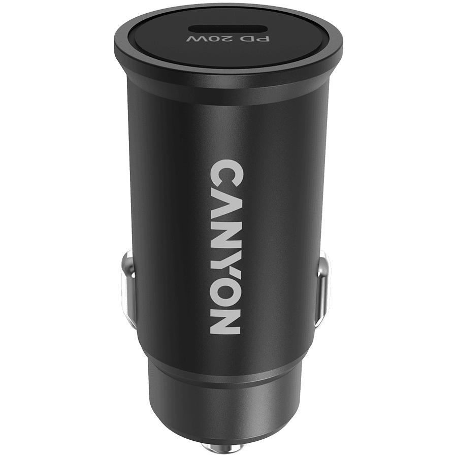 Canyon C-20, PD 20W Pocket size car charger, input: DC12V-24V, output: PD20W, support iPhone12 PD fast charging, Compliant with CE RoHs , Size: 50.6*23.4*23.4, 18g, Black
