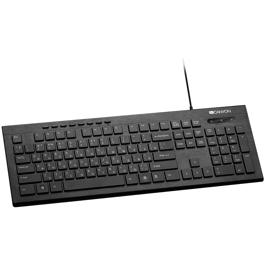 CANYON Multimedia wired keyboard, 104 keys, slim and brushed finish design, side backlight, chocolate key caps, AD layout (black), cable length 1.5m, 450*154*22.3mm, 0.53kg