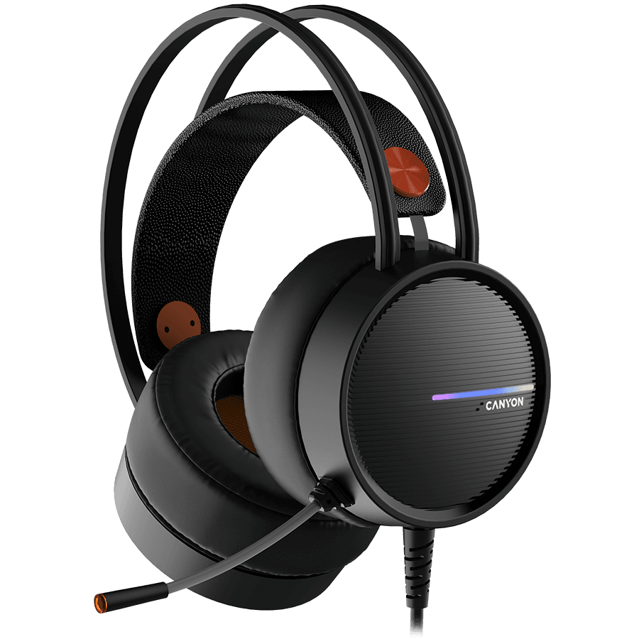CANYON INTERCEPTOR GH-8A, Gaming headset 3.5mm jack plus USB connector for LED backlight, adjustable microphone and volume control, with 2in1 3.5mm adapter, cable 2M, Black and Orange, 0.36kg