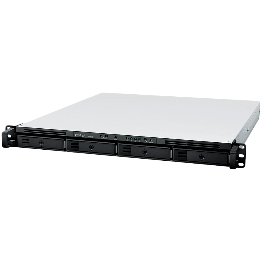 Synology RackStation RS822+, 1U, 4-bays, AMD Ryzen V1500B 4-core 2.2 GHz; 2 GB DDR4 ECC SODIMM, 1x free memory slot (up to 32GB upgradable); 4x RJ45 1GbE, 2x USB 3.1; PCIe Gen3 – Card/M2D20, 150W PS, 3yr warranty