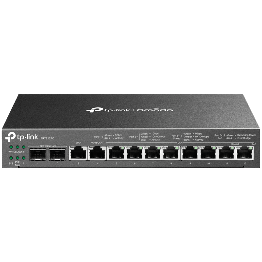 TP-Link ER7212PC Omada Gigabit VPN Router with PoE+ Ports and Controller Ability, 2× G SFP WAN/LAN Port, 1× G RJ45 WAN Port, 1× G RJ45 WAN/LAN Ports, 8× G PoE+ RJ45 LAN ports, 802.3at/af, 110 W PoE Power, 3-in-1 (Router, PoE+ Switch, Controller)