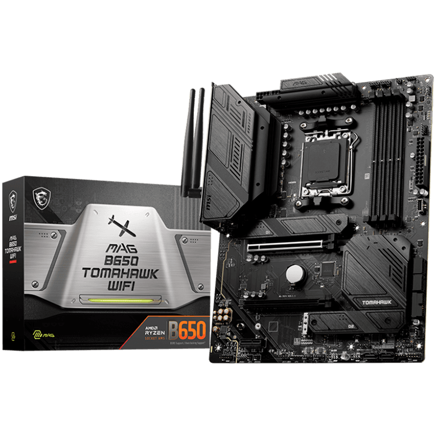 MSI Mainboard Desktop MAG B650 TOMAHAWK WIFI (AM5, 4x DDR5 max. 128GB, 1x PCI-E 4.0 x16x16, 1x PCI-E x1, 3x M.2 4.0, 6x SATA, 2x USB 2.0, 4x USB 3.2 Gen1, 3x USB 3.2 Gen2, 1x USB Type-C 3.2 Gen2, 1x HDMI, 1x DP, RTL8125B 2.5Gbps LAN, Wi-Fi 6E, ATX)
