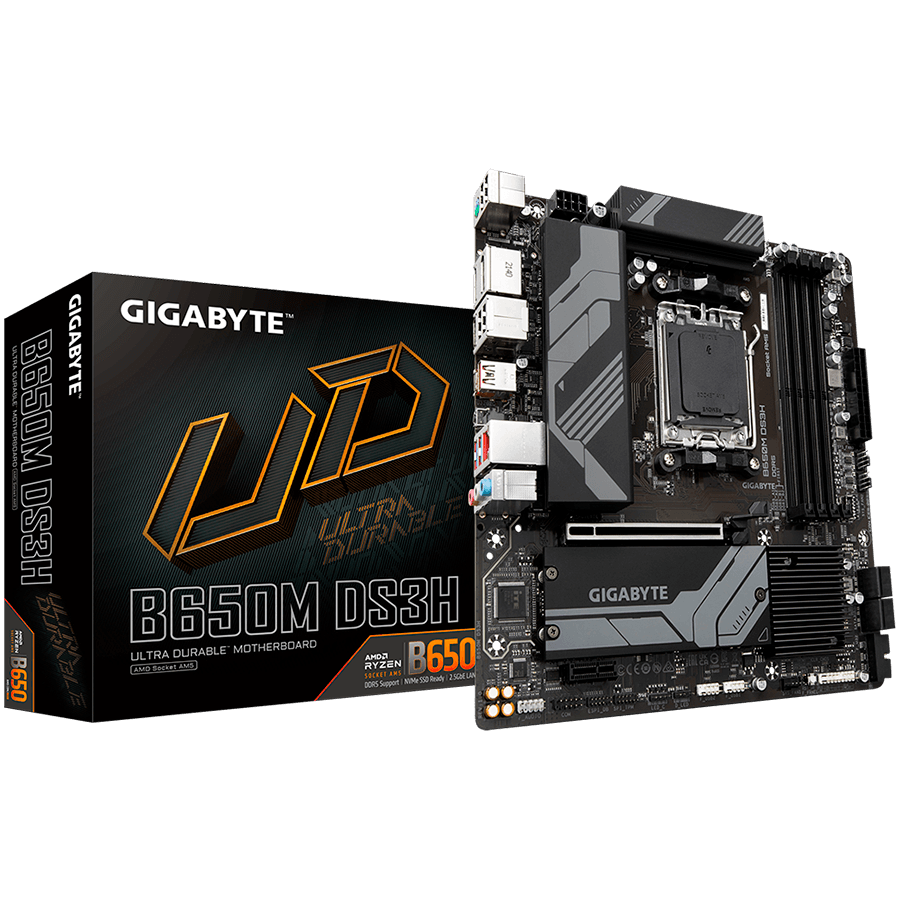 GIGABYTE Mainboard Desktop B650M DS3H (AM5, 4xDDR5 max 128GB, 1x PCI-E 4.0 x16x16, 1x PCI-E 3.0 x16x1, 4x SATA, 2x M.2 PCIe 4.0, 1xUSB 3.2 Gen2, 4x USB 2.0, 1xUSB 3.2 Gen2 Type-C, 1xHDMI, 1xDP, 2.5GbE LAN, mATX, Retail)