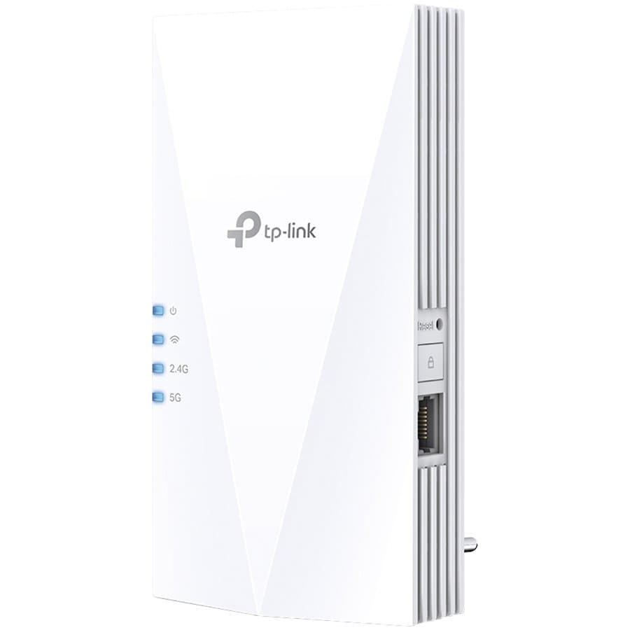 TP-Link RE500X AX1500 Wi-Fi 6 Range Extender, 300 Mbps at 2.4 GHz + 1201 Mbps at 5 GHz, 2 × Internal Antennas, 1 × Gigabit Port, Broadcom 1.5GHz Tri-Core CPU, 1024 QAM, Wall Plugged, Tether App, WPS, RE/AP Mode, OneMesh, Beamforming, MU-MIMO, OFDMA