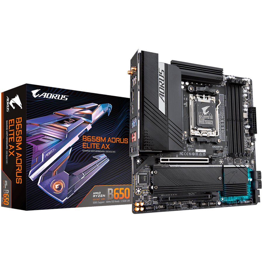 GIGABYTE Mainboard Desktop B650M AORUS ELITE AX (AM5, 4xDDR5 128GB, 1x PCI-E 4.0 x16x16, 2x PCI-E 3.0 x16x1, 4xSATA, 1xM.2 PCIe 5.0, 2xM.2 PCIe 4.0, 2xUSB 3.2 Gen2, 5xUSB 3.2 Gen1, 4xUSB2.0, 1xUSB 3.2 Gen2 Type-C, 1xHDMI, 1xDP, WiFi, 2.5GbE LAN, ATX)