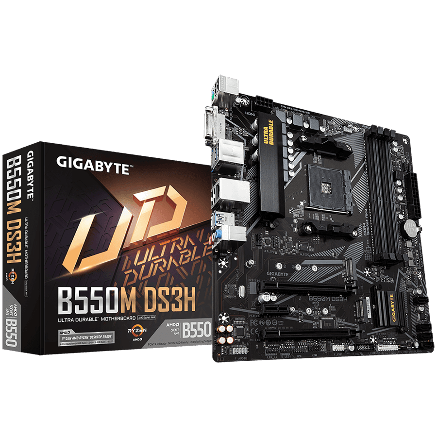 GIGABYTE MB B550 AM4 4 x DDR4 PCIe 3.0 2 x M.2 4 x SATA 1 x DVI-D port 1 x DisplayPort 1 x HDMI port Micro ATX