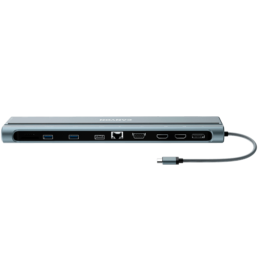 CANYON DS-90, 14 in 1 hub, with Type C female *2,Type C male *1:max 10Gbps,USBA*3:max 10Gbps,DP*1，VGA*1,SD card slot*1,TF card slot*1,Audio 3.5 audio*1,HDMI*2,RJ45*1,cable length 0.20m,Aluminum alloy housing,76*22.5*301mm,Dark grey