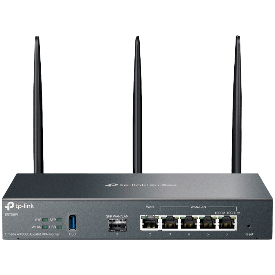 TP-Link ER706W Omada AX3000 Wi-Fi 6 Gigabit VPN Router, 1× Gigabit SFP WAN/LAN Port, 1× Gigabit RJ45 WAN Port, 4× Gigabit WAN/LAN RJ45 Ports, 1× USB 3.0, 574Mbps at 2.4 GHz + 2402 Mbps at 5 GHz (HE160), Integration with Omada SDN, SSL VPN, OpenVP