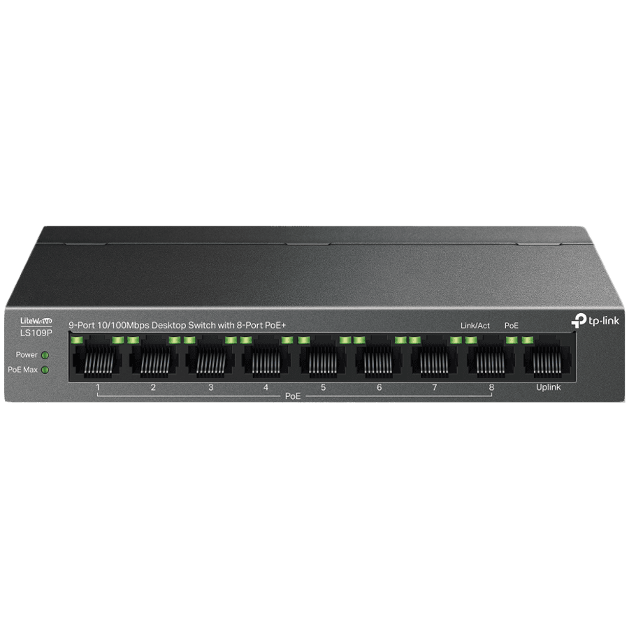 TP-Link LS109P 9-Port 10/100 Mbps Desktop Switch with 8-Port PoE+, 8× 10/100 Mbps PoE+ Ports, 1× 10/100 Mbps Non-PoE Port, 802.3at/af, 63 W PoE Power, Desktop Steel Case, Extend Mode for 250m PoE Transmitting, Isolation Mode, PoE Auto Recovery