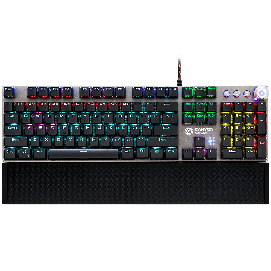 CANYON Nightfall GK-7, Wired Gaming Keyboard,Black 104 mechanical switches,60 million times key life, 22 types of lights,Removable magnetic wrist rest,4 Multifunctional control knob,Trigger actuation 1.5mm,1.6m Braided cable,US layout,dark grey, size:435*125*37.47mm