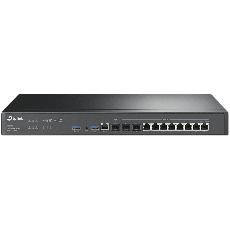 TP-Link ER8411 Omada VPN Router with 10G Ports, 1× 10G SFP+ WAN Port,1× 10G SFP+ WAN/LAN Port,1× Gigabit SFP WAN/LAN Port, 8× Gigabit RJ45 WAN/LAN Ports, 2× USB3.0 port,Integration with Omada SDN Controller,Dual Power Supply,Load Balance,Link Backup