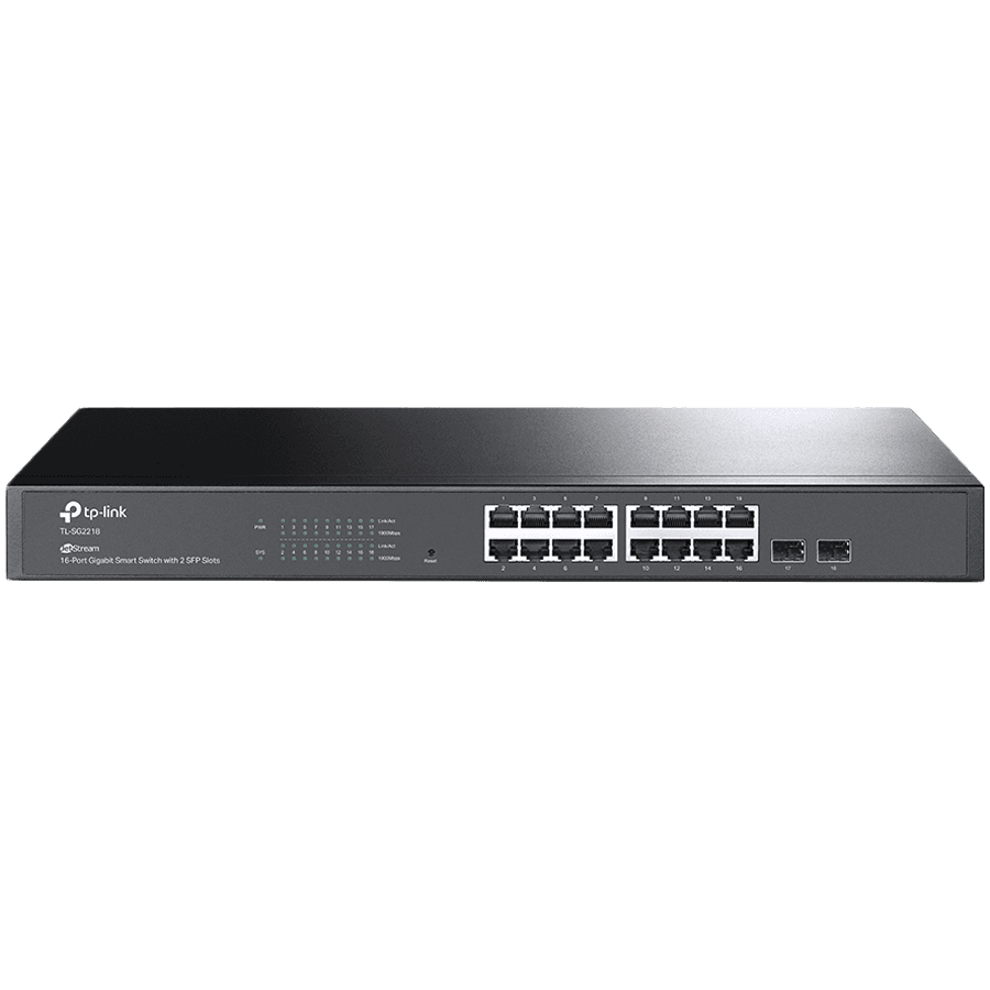 TP-Link SG2218 Omada 16-Port Gigabit Smart Switch with 2 SFP Slots, 16×G RJ45 ports and 2×G SFP slots, Fanless, Zero-Touch Provisioning, 802.1Q VLAN, STP/RSTP/MSTP, Omada App, Static Routing, Rack Mountable, 802.1p/DSCP QoS, ACL, 802.1x, CLI, SNMP