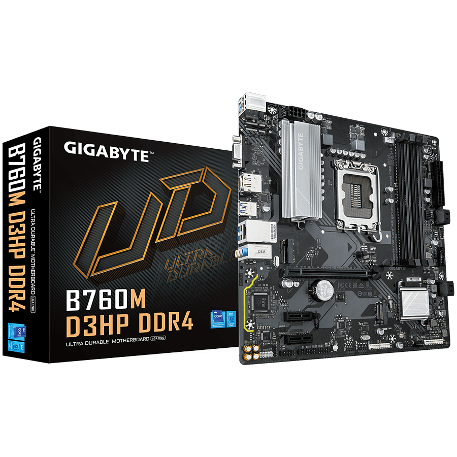 GIGABYTE MB B760M D3HP DDR4 (LGA1700, 4x DDR4 128GB, 1x PCI-E 4.0 x16x16, 2x PCI-E 3.0 x1x1, 2x M.2 PCIe 4.0, 4x SATA, 2x USB 2.0, 1x DP, 1x HDMI, GbE LAN, mATX, Retail)