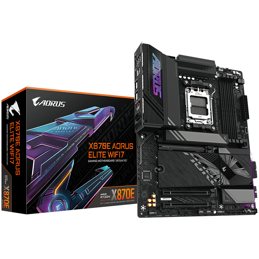 GIGABYTE MB X870E AORUS ELITE WIFI7 (AM5, 4x DDR5 256GB, 1x PCI-E 5.0 x16x16, 1x PCI-E 4.0 x16x4, 1x PCI-E 3.0 x16x2, 3x M.2 PCIe 5.0 & 1x M.2 PCIe 4, 4x SATA, 2x USB4 Type-C, 6x USB 3.2, 3x USB 2.0, 1x HDMI, Realtek Wi-Fi 7, 2.5GbE LAN, ATX)