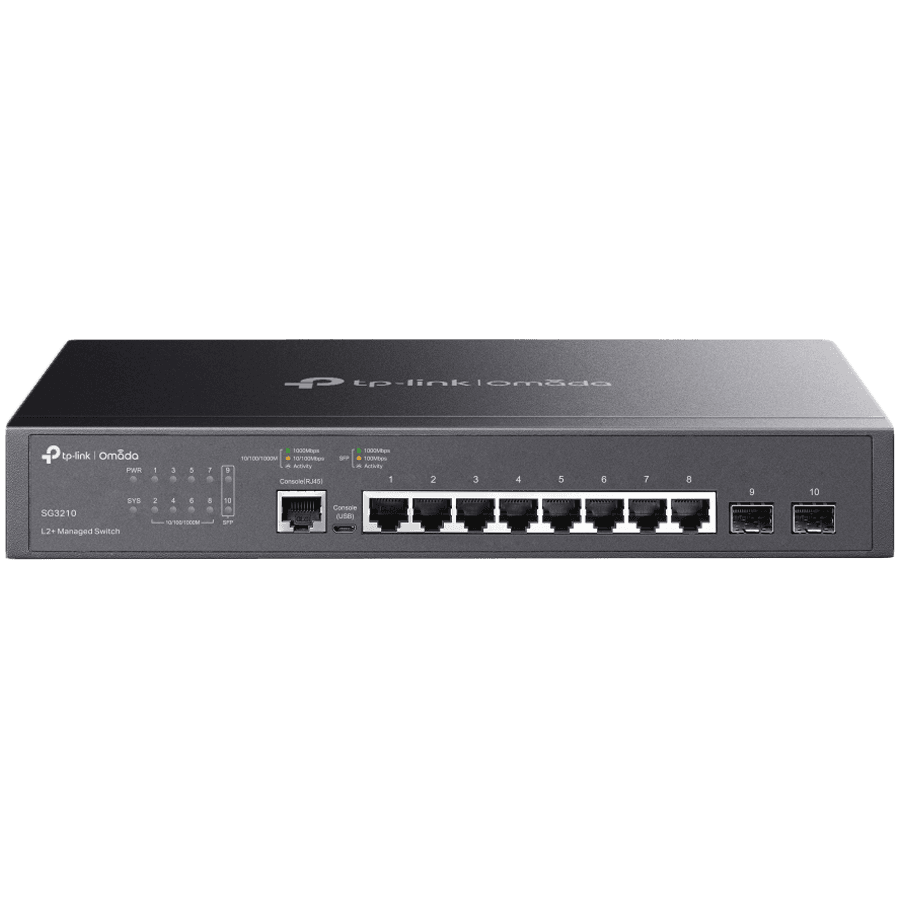 TP-Link SG3210 Omada 8-Port Gigabit L2+ Managed Switch with 2 SFP Slots, 8xGigabit RJ45 ports and 2xGigabit SFP slots, Omada app, Static Routing, VLAN, ACL, QoS, IGMP Snooping, OAM, DDM, ERPS, Zero-Touch Provisioning, Fanless, desktop/rack mounting