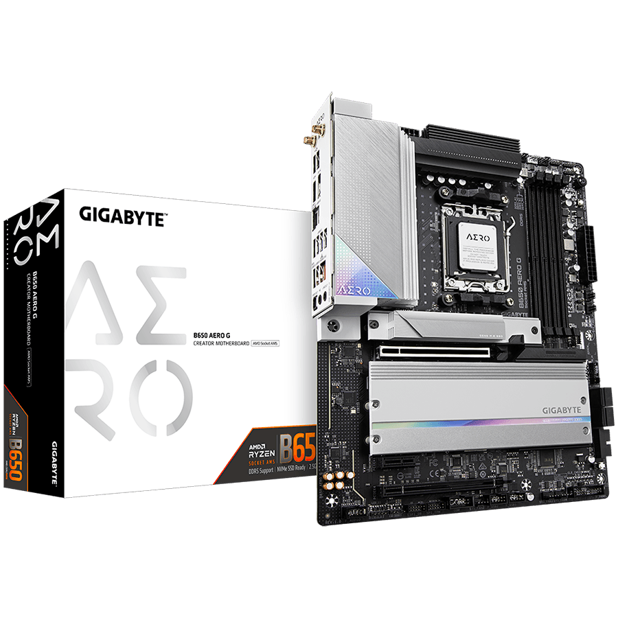 GIGABYTE Mainboard Desktop B650 AERO G (AM5, 4x DDR5 256GB, 1x PCI-E 4.0 x16x16, 1x PCI-E 4.0 x16x4, 1x PCI-E 3.0 x16x1, 1x M.2 PCIe 5.0, 2x M.2 PCIe 4.0, 4x SATA, 1x DP, 1x HDMI, 1x USB Type-C, 7x USB 3.2, 2x USB 2.0, WiFi 6E, 2.5GbE LAN, ATX)