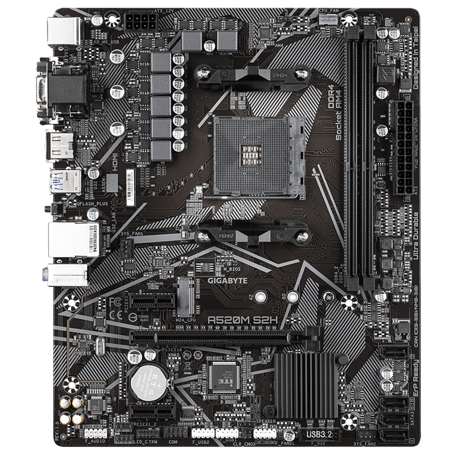 GIGABYTE MB AM4 A520 2 x DDR4 PCIe 3.0 1 x M.2 4 x SATA 1 x D-Sub port 1 x DVI-D port 1 x HDMI port Micro ATX