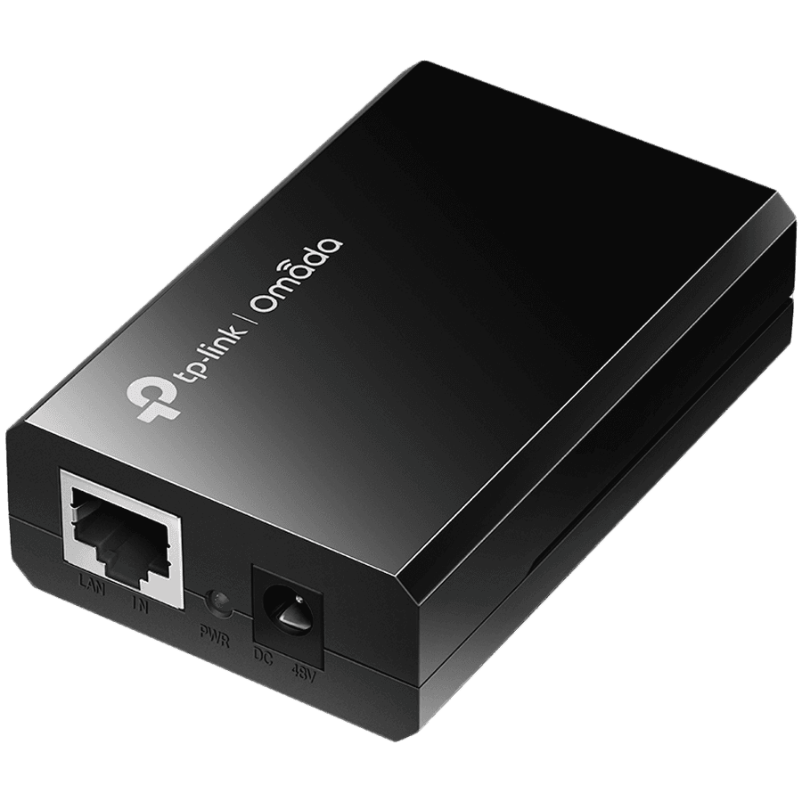 TP-Link POE150S Omada PoE Injector, 2× 10/100/1000Mbps RJ45 Port, IEEE 802.3af compliant, 1× 48VDC Power Input Port, Data and power carried over the same cable up to 100 meters, plastic case, Auto-determine the necessary power requirements