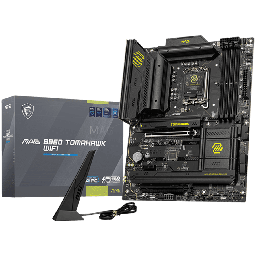 MSI MAG B860 TOMAHAWK WIFI, ATX, LGA 1851, 4x DDR5 Dual Channel DDR5 up to 9200(OC)MHz, 2x PCIe x16 slot, 3x M.2 slot, 4x USB 2.0, 4x USB 10Gbps, 1x USB 10Gbps Type-C, 1x USB 40Gbps Type-C, HDMI, DP, 7.1 HD Audio, 5G LAN, WiFi, BT, 3Y