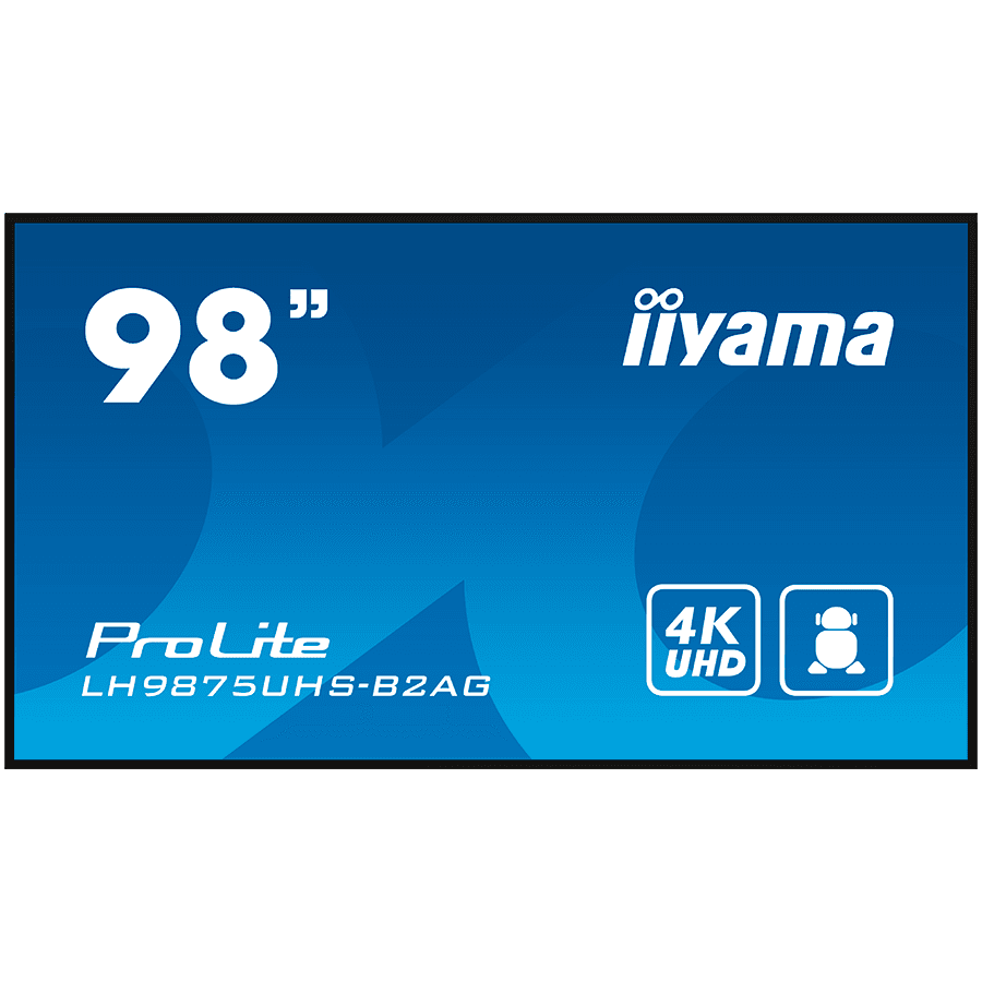 IIYAMA LFD LH9875UHS-B2AG 98" 4K UHD Professional Digital Signage display featuring Android OS, iiSignage² and OPS PC slot landscape, portrait Android 11 OS, iiSignage², FailOver, EShare