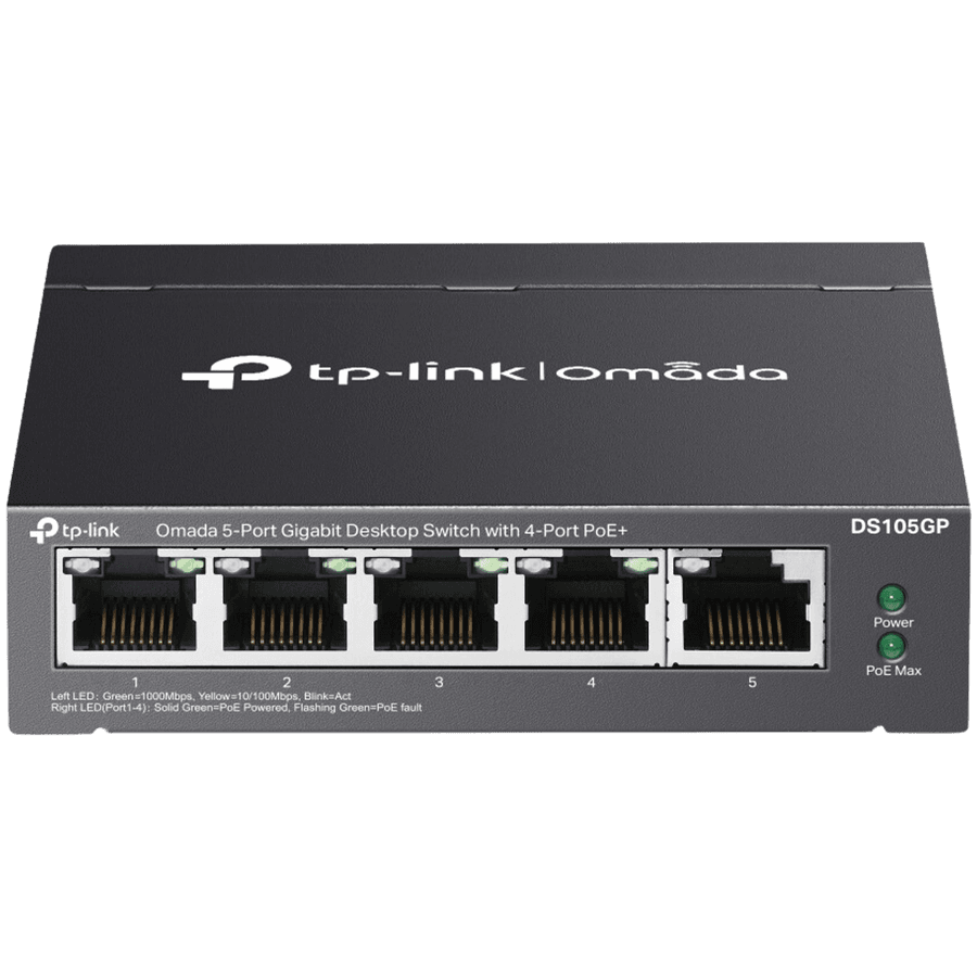 Omada 5-Port Gigabit Desktop Switch with  4-Port PoE+  PORT: 4× Gigabit PoE+ Ports, 1× Gigabit Non-PoE Port SPEC: 802.3af/at, 65 W PoE Power, Desktop Steel Case FEATURE: Plug and Play