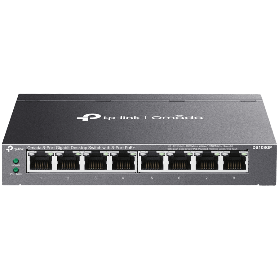 Omada 8-Port Gigabit Desktop Switch with  8-Port PoE+  8× Gigabit PoE+ Ports 802.3af/at, 64 W PoE Power, Desktop Steel Case Plug and Play