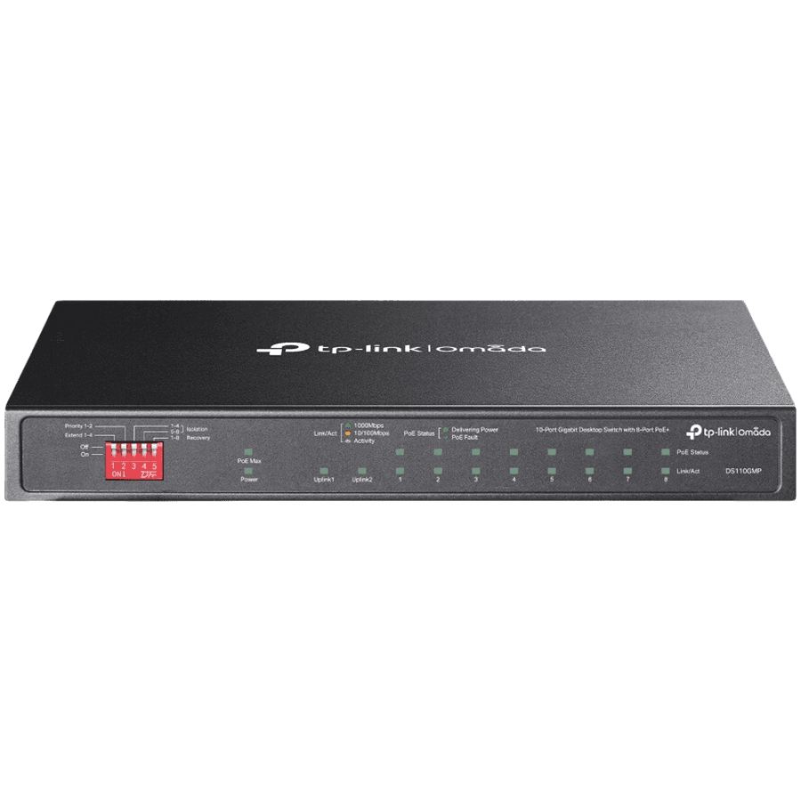 Omada 10-Port Gigabit Desktop Switch with 8-Port PoE+ 8× Gigabit PoE+ Ports, 2x Gigabit Non-PoE Ports, 1× Combo Gigabit SFP Slot 802.3at/af, 123 W PoE Power,  Desktop Steel Case Extend Mode for 250m PoE Transmitting, Priority Mode for Port1-2,