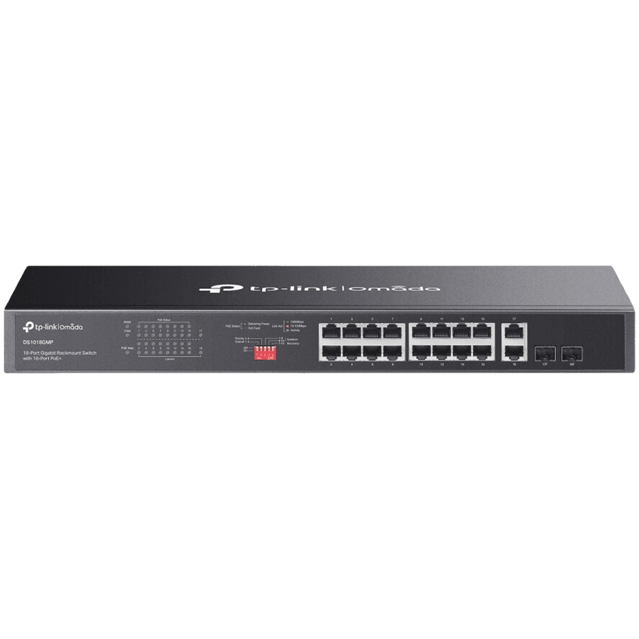 Omada 18-Port Gigabit Rackmount  Switch with 16-Port PoE+ PORT: 16× Gigabit PoE+ Ports, 2× Gigabit Non-PoE Ports, 2× Combo Gigabit SFP Slots SPEC: 802.3at/af, 250 W PoE Power, 1U 19-inch Rack-mountable Steel Case FEATURE: Plug and Play