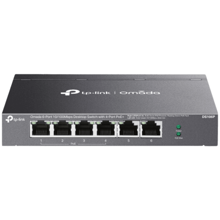 Omada 6-Port 10/100 Mbps Desktop Switch with 4-Port PoE+ PORT: 4× 10/100 Mbps PoE+ Ports, 2× 10/100 Mbps Non-PoE Ports 802.3at/af, 67 W PoE Power, Desktop Steel Case Extend Mode for 250m PoE Transmitting, Priority Mode for Port1-2, Plug and Play