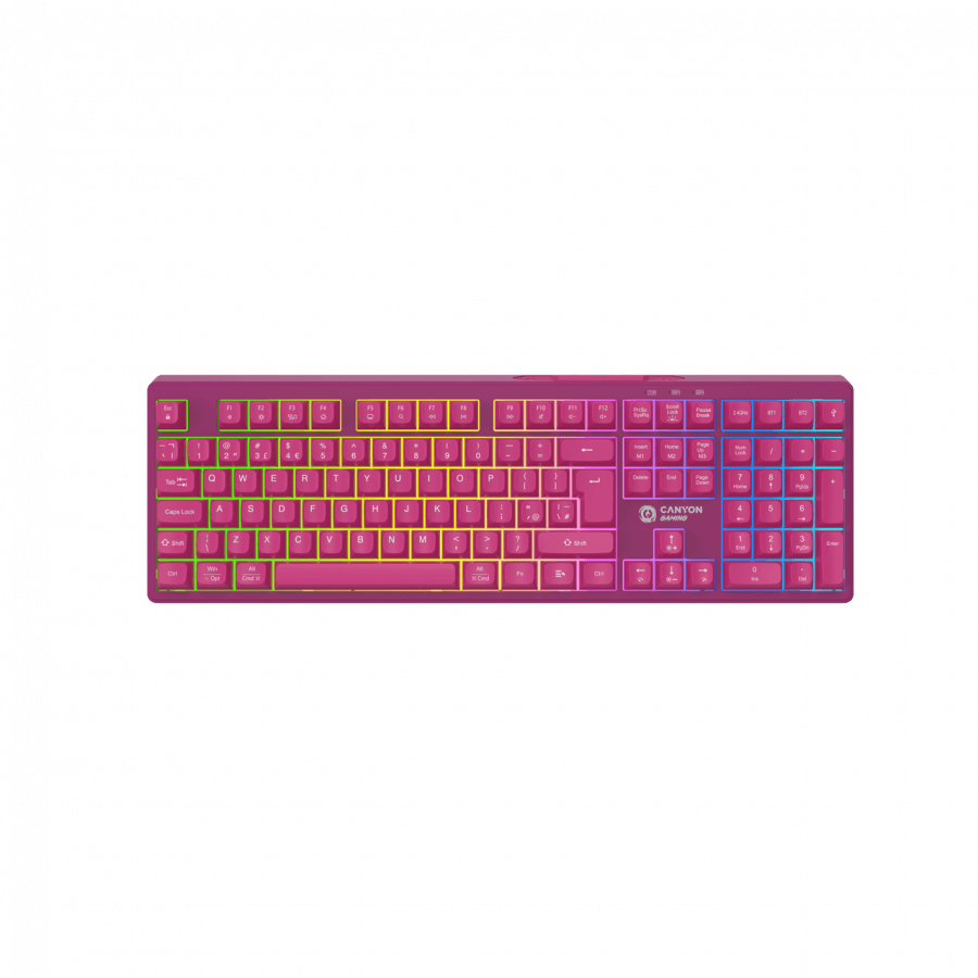 Canyon 105keys gaming keyboard,with 2.4G+ Bluetooth mode, battery 2000mAh, RGB backlight 3 types and 7 colors, size:407*119*19mm, PVC cable 1.8M , Black,weight:556+/-10g