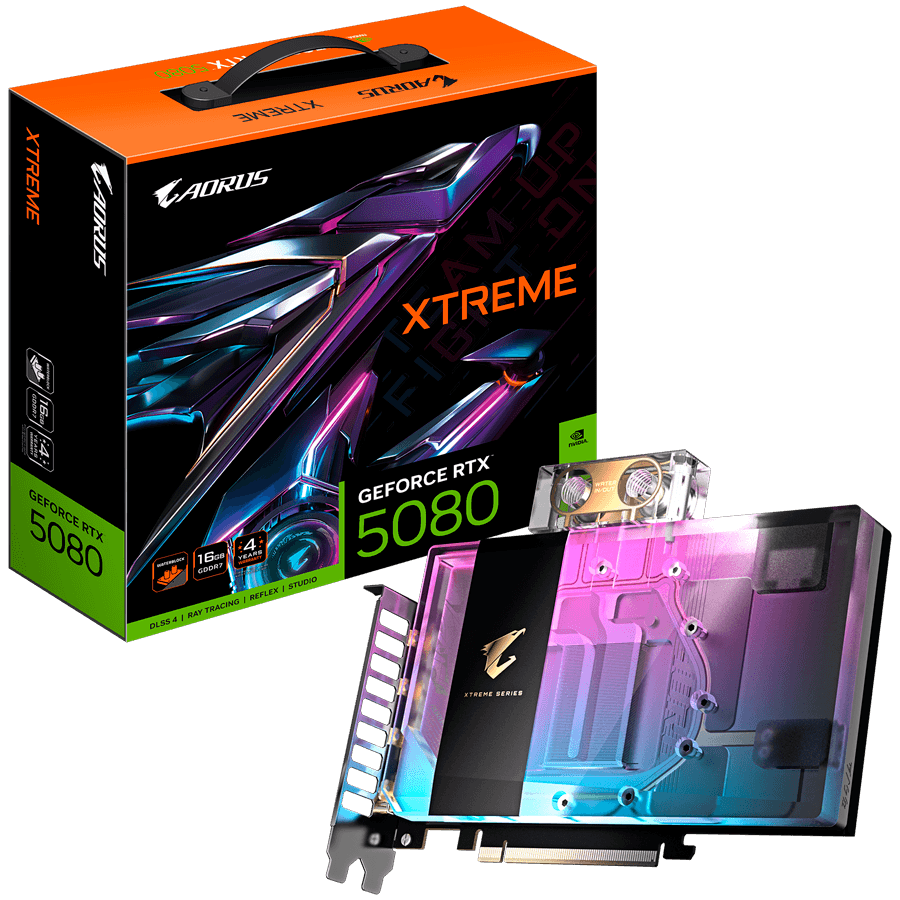 GIGABYTE Video Card NVIDIA GeForce RTX 5080 AORUS XTREME WATERFORCE WB 16G (16GB GDDR7/256bit, PCI-E 5.0, 3xDP, 1xHDMI, Recommended PSU 850W) ATX