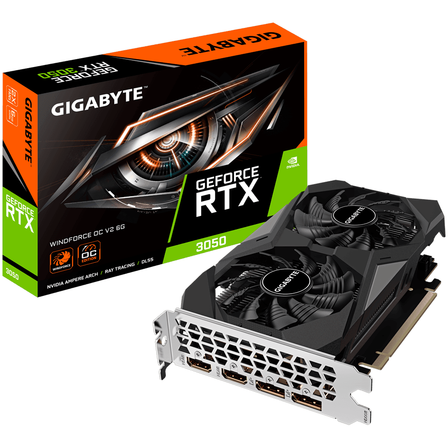 GIGABYTE Video Card NVIDIA GeForce RTX 3050 WINDFORCE OC V2 6G (6GB GDDR6/96bit, PCI-E 4.0, Recommended PSU 300W, 2xDP, 2xHDMI) ATX