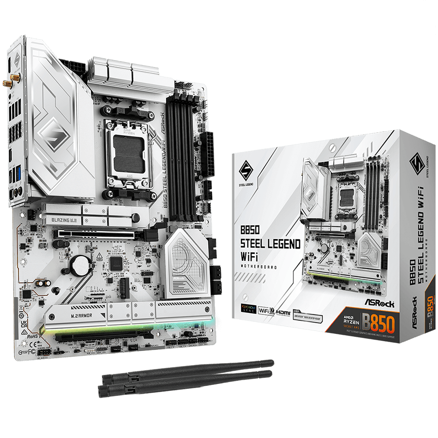 ASROCK MB Desktop B850 STEEL LEGEND WIFI, AM5, 4x DDR5, 1x PCIe 5.0 x16, 1x Blazing M.2(PCIe Gen5x4), 3x Hyper M.2, 4x SATA3, RAID 0, 1, 10, 7.1 CH HD Audio, 1x HDMI, 9x USB 3.2, 8x USB 2.0, 3x USB-C, 2.5G LAN, 2x Wi-Fi 7, 1x HDMI, 1x SPDIF, ATX