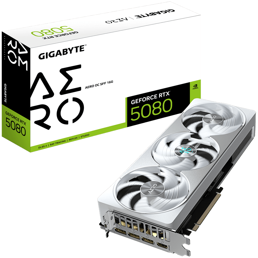 GIGABYTE Video Card NVIDIA GeForce RTX 5080 AERO OC SFF 16G (16GB GDDR7/256bit, PCI-E 5.0, Recommended PSU 850W, 16Pin Power connector, 3x DP, 1x HDMI) White/Silver