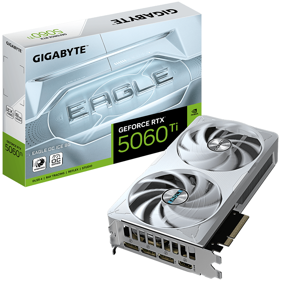 GIGABYTE Video Card NVIDIA GeForce RTX 5060 Ti EAGLE OC ICE 8G (8GB GDDR7/128bit, PCI-E 5.0, 1x 8Pin Power connector, Recommended PSU 650W, 3xDP, 1x HDMI, Retail)