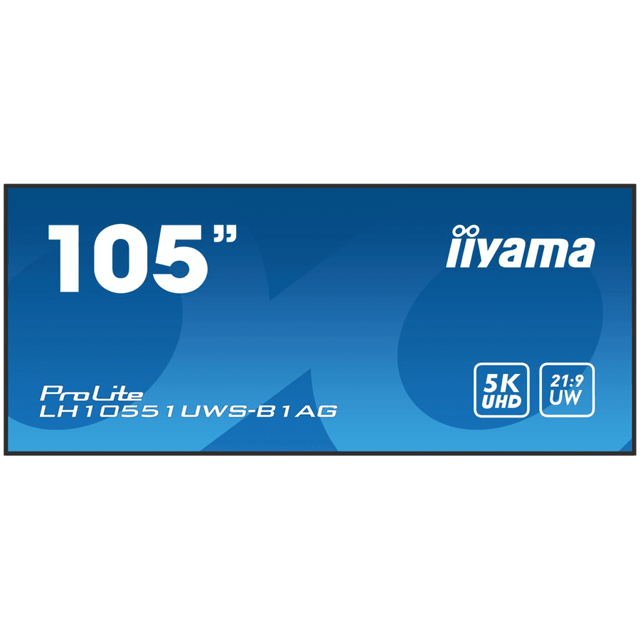 105"UW, 5120x2160 UW5K, IPS panel, 1x HDMI (UHD), DisplayPort and USB-C (UW5K), Output 1x DP (SST), OPS-slot (UW5K), 500cd/m2, 1200:1 Static Contrast, Landscape or Portrait mode, Speakers 2x 10W, Control LAN, 24/7 Operation, VESA 1500x600