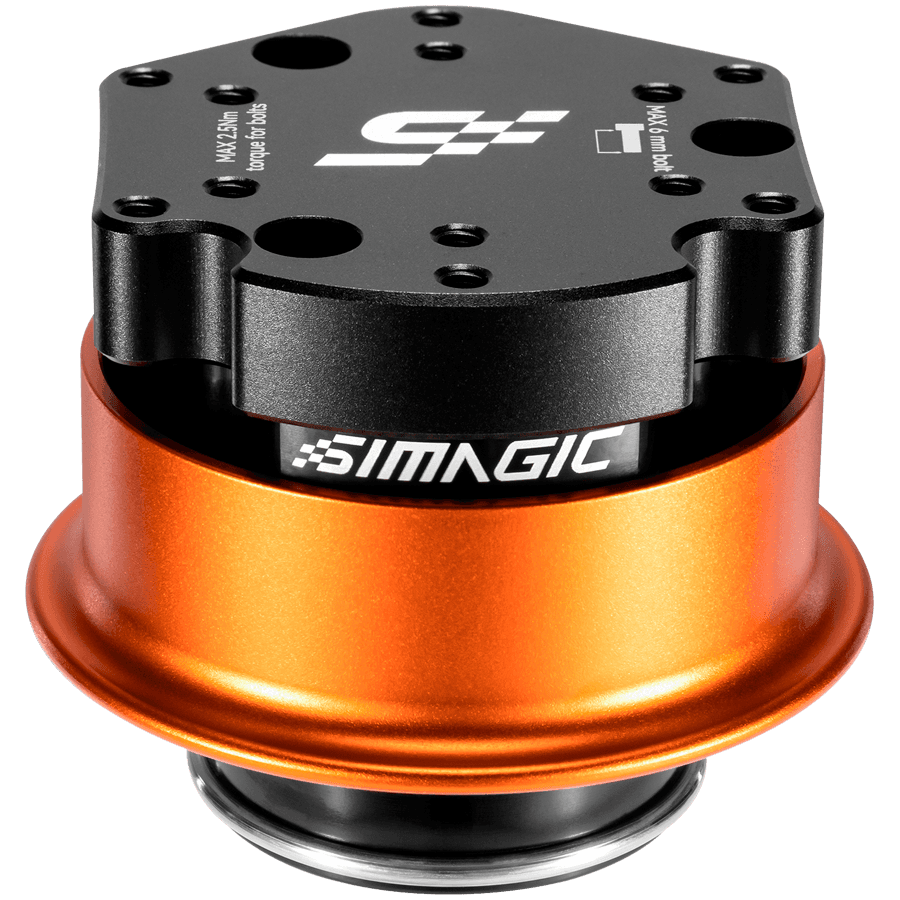 SIMAGIC Seamlessly mount third-party steering wheels with a standard 70mm hole pattern onto Alpha Evo Wheelbase. S476
