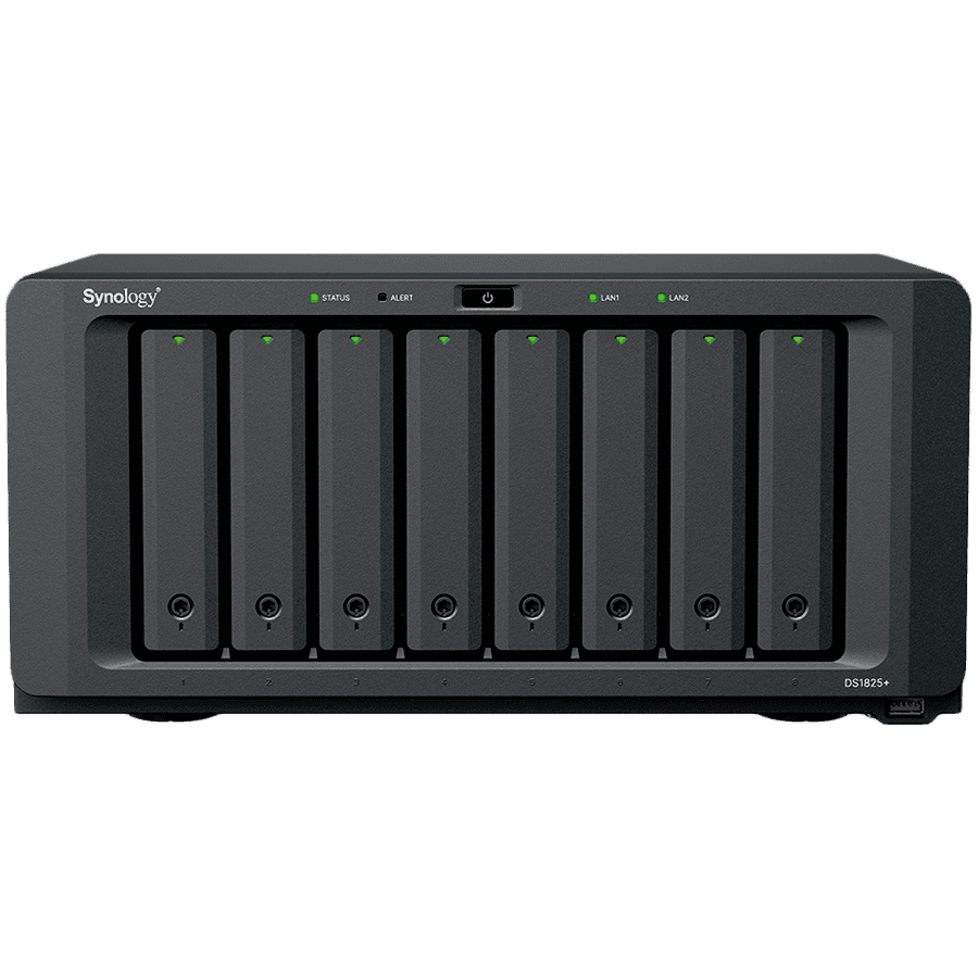 Synology DiskStation DS1825+, Tower, 8-BAY 3.5'' SATA HDD/SSD, 2xM.2 2280 NVMe SSD, CPU AMD Ryzen Quad-Core 2.2 GHz, 8GB DDR4, 2xRJ-45 2.5GbE LAN Port, 3xUSB 3.2, 2 x USB-C expansion ports (Expandable to 18 Bays with 2 x DX525), 1xGen3 x8 PCIe,3y