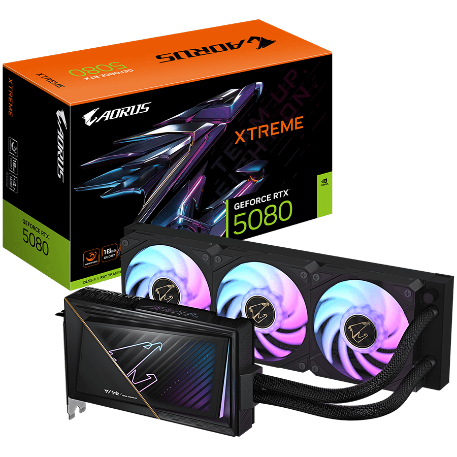 GIGABYTE Video Card NVIDIA GeForce RTX 5080 AORUS XTREME WATERFORCE 16G (16GB GDDR7/256bit, PCI-E 5.0, Recommended PSU 850W, 16Pin Power connector, 3x DP, 1x HDMI), Black/Grey
